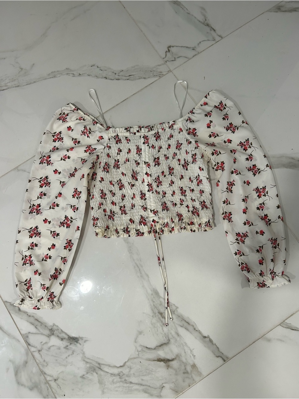 Speed Limit MPH Smocked Off-Shoulder Floral Crop Top — White with Pink Roses
